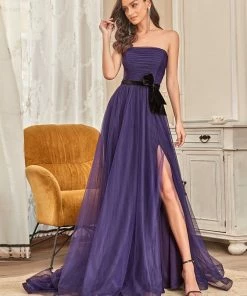 Ever-Pretty US Custom Size Ruched Tied Waist Strapless Front Slit Evening Dress Summer Dresses 2022