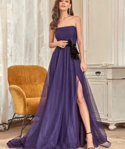 Ever-Pretty US Custom Size Ruched Tied Waist Strapless Front Slit Evening Dress Summer Dresses 2022