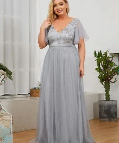 Ever-Pretty US SHOP BY OCCASION Plus Size Long Sequin Evening Dress With Sleeves