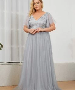 Ever-Pretty US SHOP BY OCCASION Plus Size Long Sequin Evening Dress With Sleeves