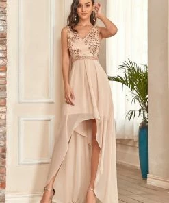 Ever-Pretty US Sleeveless V-Neck Sequin Cherry Blossom High-Low Evening Dress