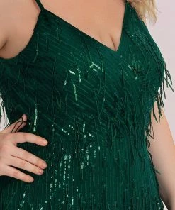 Ever-Pretty US SHOP BY OCCASION Spaghetti Strap Sequin Fringe High Slit Evening Dress