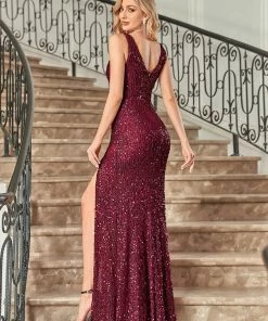 Ever-Pretty US Sleeveless V-Neck High Slit Sequin Evening Dress