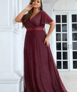 Ever-Pretty US Sparkling Short Sleeve V-Neck Ribbon Waist Plus Size Formal Evening Dress