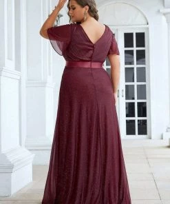 Ever-Pretty US Sparkling Short Sleeve V-Neck Ribbon Waist Plus Size Formal Evening Dress