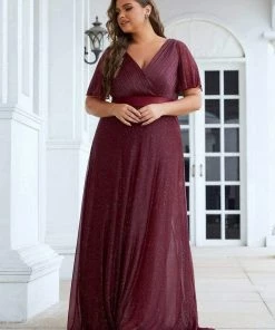 Ever-Pretty US Sparkling Short Sleeve V-Neck Ribbon Waist Plus Size Formal Evening Dress