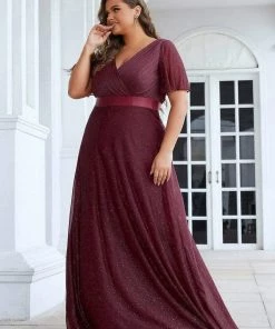 Ever-Pretty US Sparkling Short Sleeve V-Neck Ribbon Waist Plus Size Formal Evening Dress