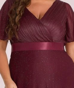 Ever-Pretty US Sparkling Short Sleeve V-Neck Ribbon Waist Plus Size Formal Evening Dress