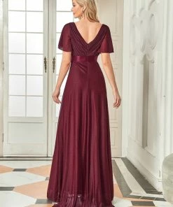 Ever-Pretty US SHOP BY OCCASION Sparkling Short Sleeve V-Neck Ribbon Waist A-Line Evening Dress