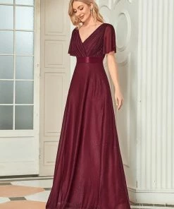 Ever-Pretty US SHOP BY OCCASION Sparkling Short Sleeve V-Neck Ribbon Waist A-Line Evening Dress