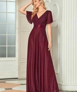 Ever-Pretty US SHOP BY OCCASION Sparkling Short Sleeve V-Neck Ribbon Waist A-Line Evening Dress