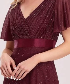 Ever-Pretty US SHOP BY OCCASION Sparkling Short Sleeve V-Neck Ribbon Waist A-Line Evening Dress