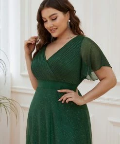 Ever-Pretty US SHOP BY OCCASION Sparkling Short Sleeve V-Neck Ribbon Waist A-Line Evening Dress