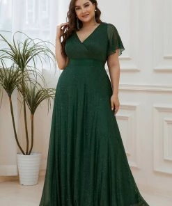 Ever-Pretty US Sparkling Short Sleeve V-Neck Ribbon Waist Plus Size Formal Evening Dress