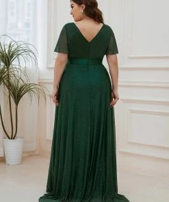 Ever-Pretty US Sparkling Short Sleeve V-Neck Ribbon Waist Plus Size Formal Evening Dress