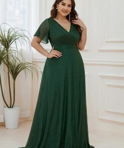Ever-Pretty US Sparkling Short Sleeve V-Neck Ribbon Waist Plus Size Formal Evening Dress