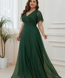 Ever-Pretty US Sparkling Short Sleeve V-Neck Ribbon Waist Plus Size Formal Evening Dress