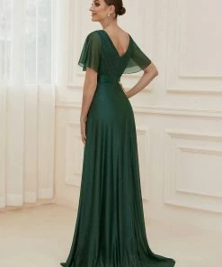 Ever-Pretty US SHOP BY OCCASION Sparkling Short Sleeve V-Neck Ribbon Waist A-Line Evening Dress