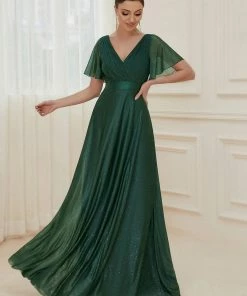 Ever-Pretty US SHOP BY OCCASION Sparkling Short Sleeve V-Neck Ribbon Waist A-Line Evening Dress