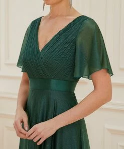 Ever-Pretty US SHOP BY OCCASION Sparkling Short Sleeve V-Neck Ribbon Waist A-Line Evening Dress