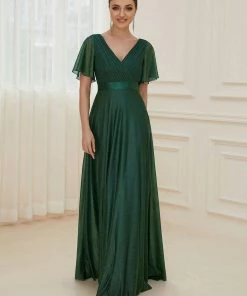 Ever-Pretty US SHOP BY OCCASION Sparkling Short Sleeve V-Neck Ribbon Waist A-Line Evening Dress