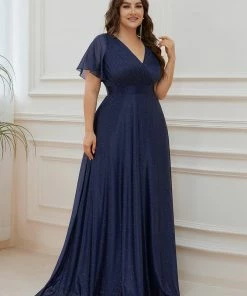 Ever-Pretty US Sparkling Short Sleeve V-Neck Ribbon Waist Plus Size Formal Evening Dress