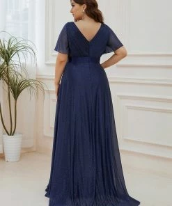 Ever-Pretty US SHOP BY OCCASION Sparkling Short Sleeve V-Neck Ribbon Waist A-Line Evening Dress