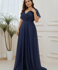 Ever-Pretty US SHOP BY OCCASION Sparkling Short Sleeve V-Neck Ribbon Waist A-Line Evening Dress