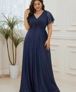 Ever-Pretty US Sparkling Short Sleeve V-Neck Ribbon Waist Plus Size Formal Evening Dress