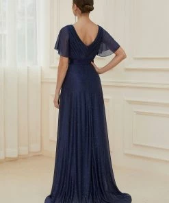 Ever-Pretty US SHOP BY OCCASION Sparkling Short Sleeve V-Neck Ribbon Waist A-Line Evening Dress