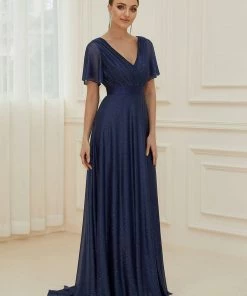 Ever-Pretty US SHOP BY OCCASION Sparkling Short Sleeve V-Neck Ribbon Waist A-Line Evening Dress