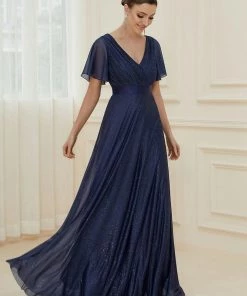 Ever-Pretty US SHOP BY OCCASION Sparkling Short Sleeve V-Neck Ribbon Waist A-Line Evening Dress