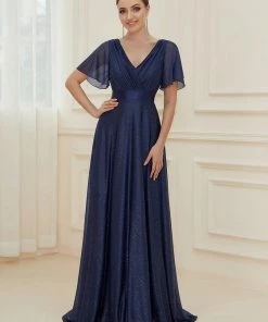 Ever-Pretty US SHOP BY OCCASION Sparkling Short Sleeve V-Neck Ribbon Waist A-Line Evening Dress