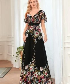 Ever-Pretty US A-Line V-Neck Sheer Flutter Sleeve Maxi Evening Dress SHOP BY OCCASION