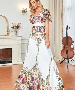 Ever-Pretty US A-Line V-Neck Sheer Flutter Sleeve Maxi Evening Dress SHOP BY OCCASION