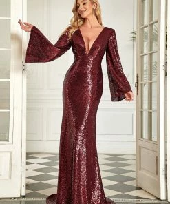 Ever-Pretty US Plunging V-Neck Bell Sleeve Sequin Bodycon Fishtail Evening Dress