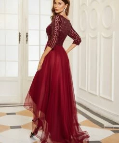 Ever-Pretty US 3/4 Sleeve Sheer Sequin Stripe High Low Hem Evening Dress