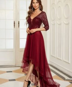 Ever-Pretty US 3/4 Sleeve Sheer Sequin Stripe High Low Hem Evening Dress