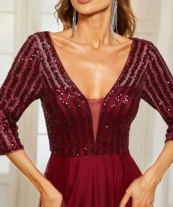 Ever-Pretty US 3/4 Sleeve Sheer Sequin Stripe High Low Hem Evening Dress