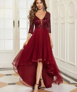 Ever-Pretty US 3/4 Sleeve Sheer Sequin Stripe High Low Hem Evening Dress