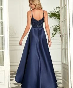 Ever-Pretty US SHOP BY OCCASION Floral Sequin Spaghetti Strap V-Neck Satin High-Low Evening Dress