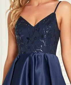 Ever-Pretty US SHOP BY OCCASION Floral Sequin Spaghetti Strap V-Neck Satin High-Low Evening Dress