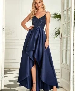 Ever-Pretty US SHOP BY OCCASION Floral Sequin Spaghetti Strap V-Neck Satin High-Low Evening Dress
