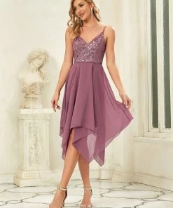 Ever-Pretty US Spaghetti Strap V-Neck Floral Sequin Uneven Hem Evening Dress SHOP BY OCCASION