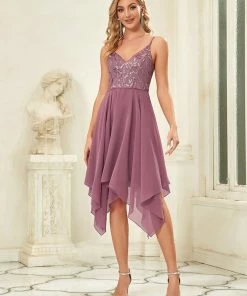 Ever-Pretty US Spaghetti Strap V-Neck Floral Sequin Uneven Hem Evening Dress SHOP BY OCCASION