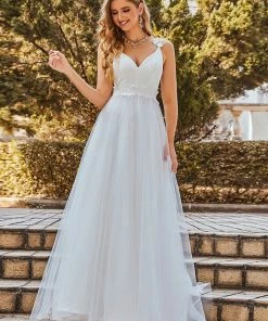 Ever-Pretty US Double V Neck Lace Bodice Open Back Tulle Wedding Dress Summer Dresses 2022