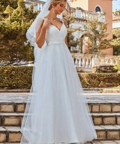 Ever-Pretty US Custom Size Elegant V Neck Lace A-Line Backless Tulle Wedding Dress