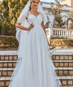 Ever-Pretty US Summer Dresses 2022 Custom Size Sheer Cap Sleeves Embroidery Wedding Dress