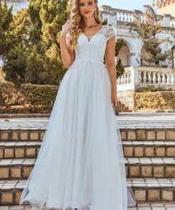 Ever-Pretty US Summer Dresses 2022 Custom Size Sheer Cap Sleeves Embroidery Wedding Dress