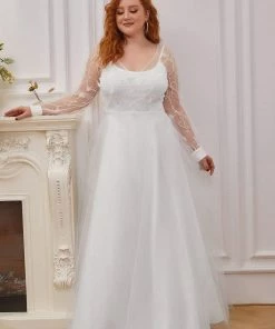 Ever-Pretty US Plus-size Sheer Bodice Long Sleeves Causal Wedding Dress SHOP BY STYLE